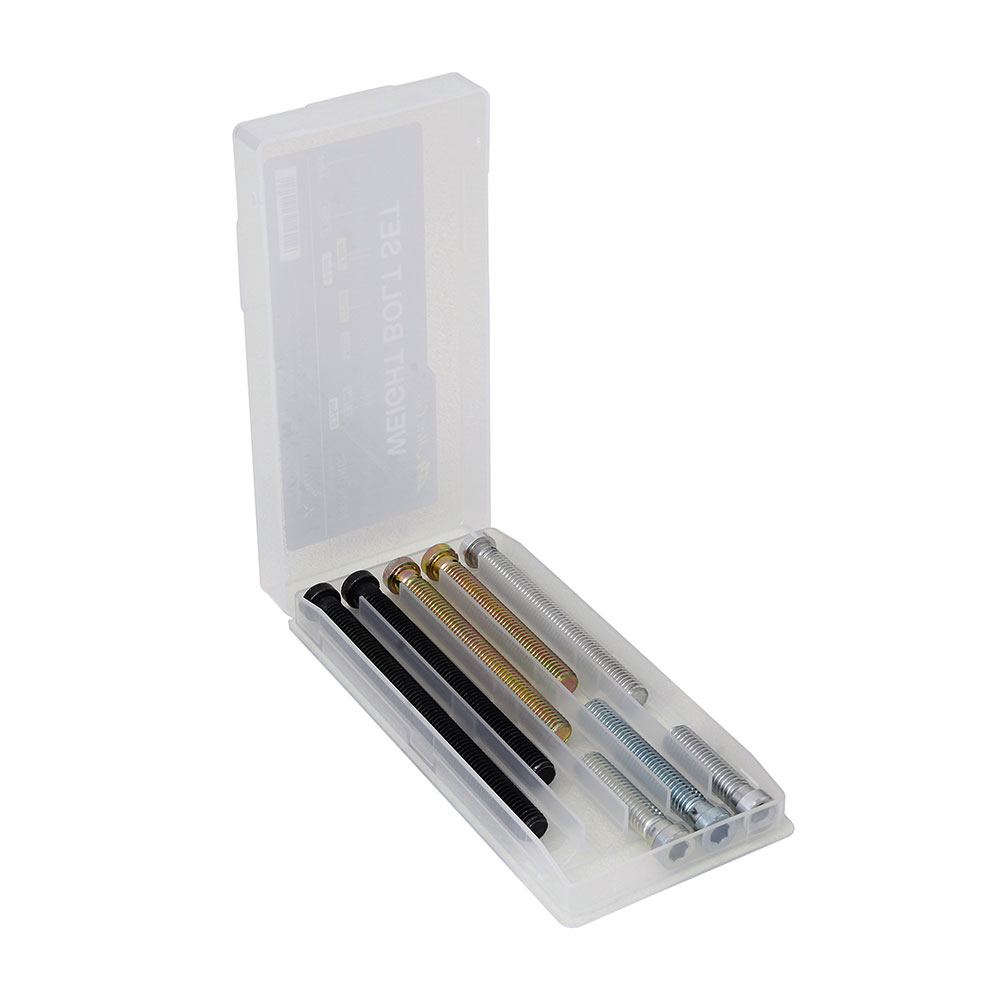 Transparentes Etui mit acht Gewichtsschrauben in verschiedenen Längen und Farben (schwarz, goldfarben, silbern). Das Mezz Weight-Bolt-Set dient zur Gewichts­anpassung eines Billard-Queues; Schrauben sind geordnet, Gewinde sichtbar.