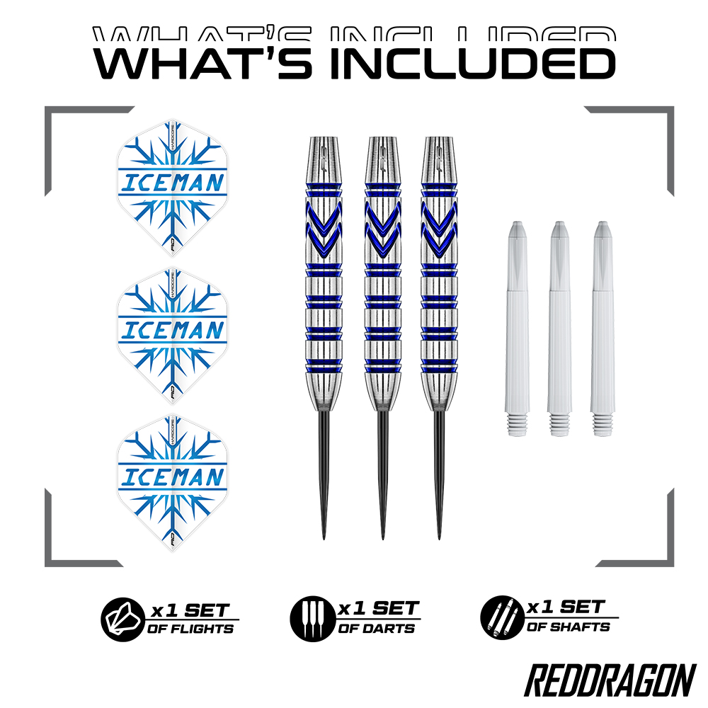 Complete steel-tip darts set: three white flights with blue ‘ICEMAN’ logo and snowflake pattern, three silver brass barrels with blue Razor Edge grip pattern, and three white screw-on shafts.
