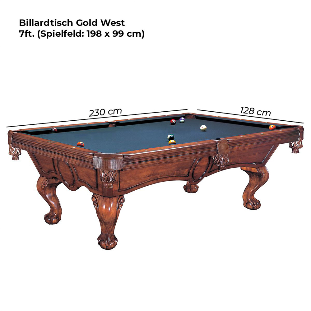 Table de billard élégante en bois brun foncé, pieds courbés richement décorés, tapis en feutre vert foncé. Plusieurs boules colorées sur le plateau. Dimensions totales : 230 cm x 128 cm.