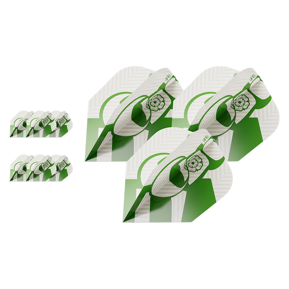 9 plumes de fléchettes Pro Ultra en blanc/vert foncé : 3 grandes, 6 petites. Design original avec des motifs verts et crème, un cercle et une rose stylisée. Fond en chevrons, Target Charly Manby n° 6, pour une trajectoire stable.