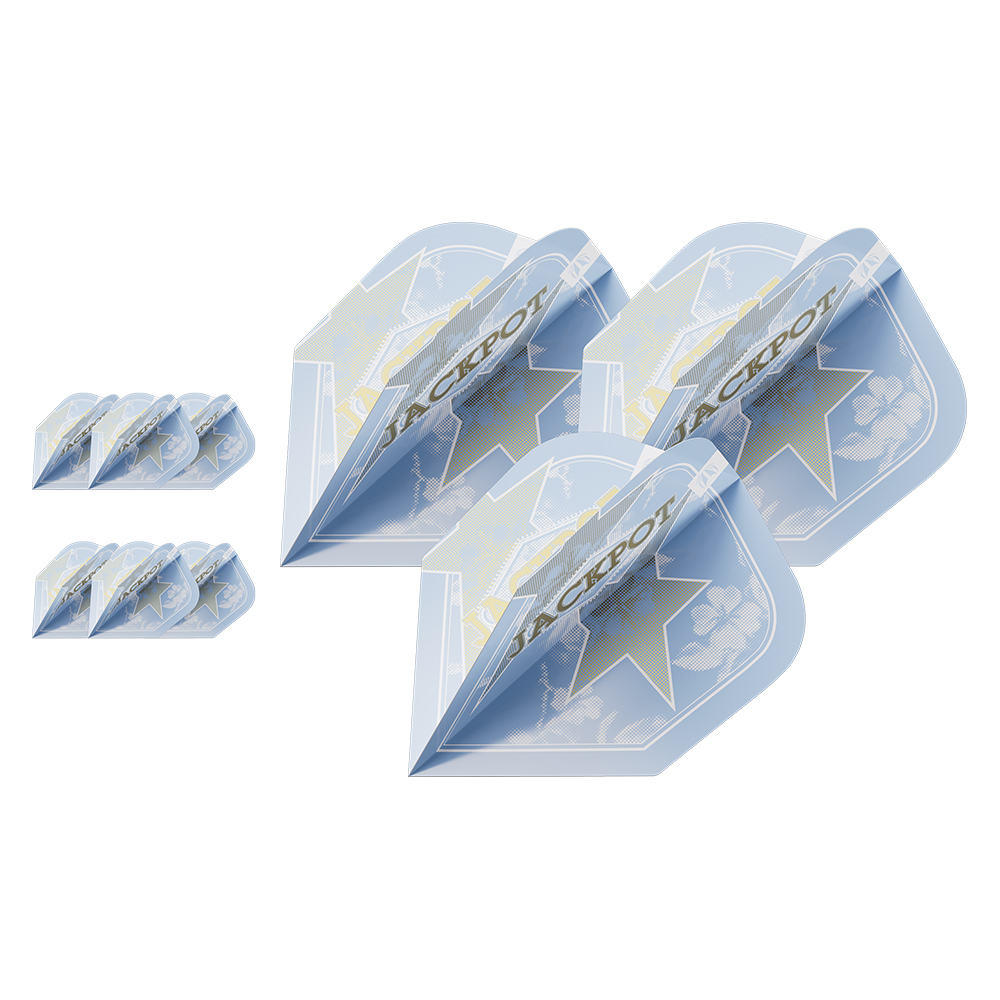 Neuf plumes de fléchettes bleu clair avec touches dorées, en deux groupes sur fond blanc. Chaque plume affiche « JACKPOT », une grande étoile, des motifs floraux discrets et des détails en trame. Robustes et indéformables.