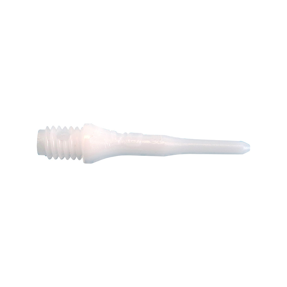 A single white plastic dart tip, shown horizontally against a white background. Wider on the left, ribbed with a screw thread, tapering on the right to a pointed, slightly rounded tip.