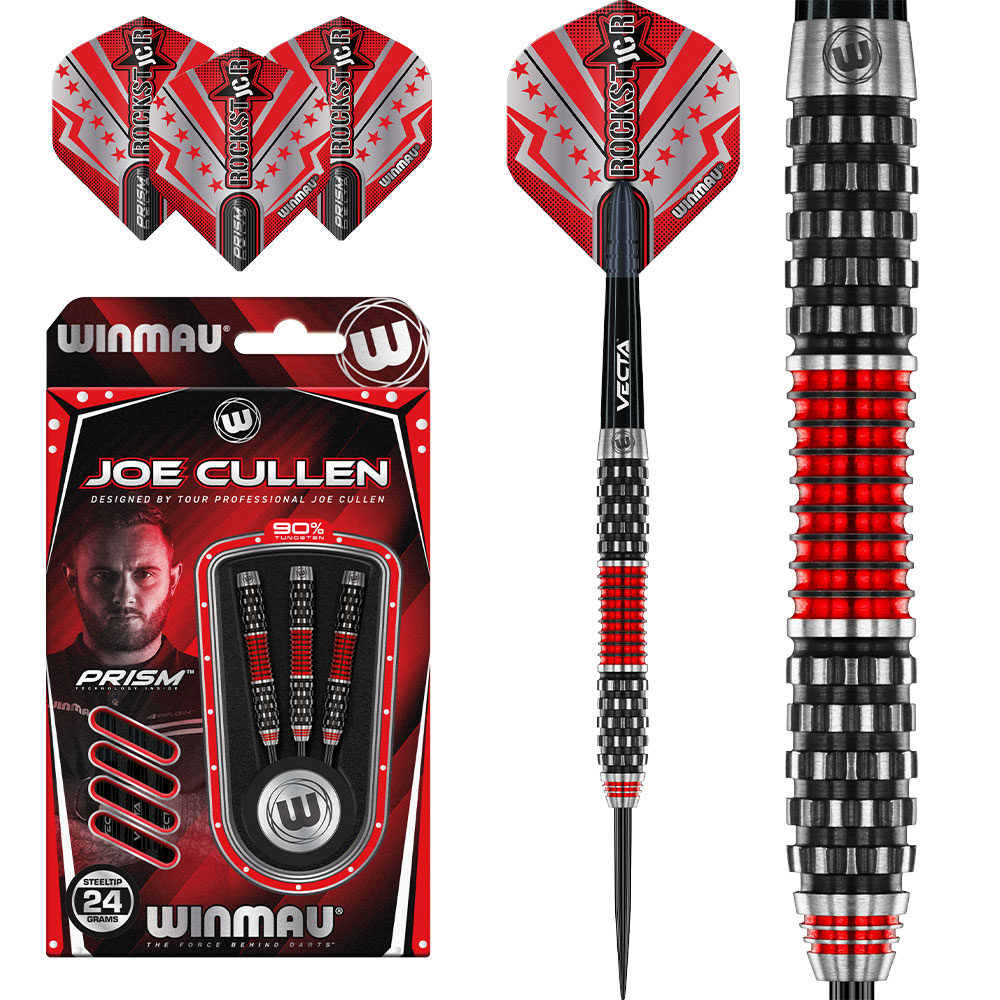 Winmau Joe Cullen Steeldart-Set: drei schwarz-rote Darts in Verpackung (90% Tungsten, 24 g) und Nahaufnahme eines Darts mit rotem „Rockstar JCR“ Flight, schwarzem Schaft, geriffeltem Barrel. Drei lose Flights sichtbar.
