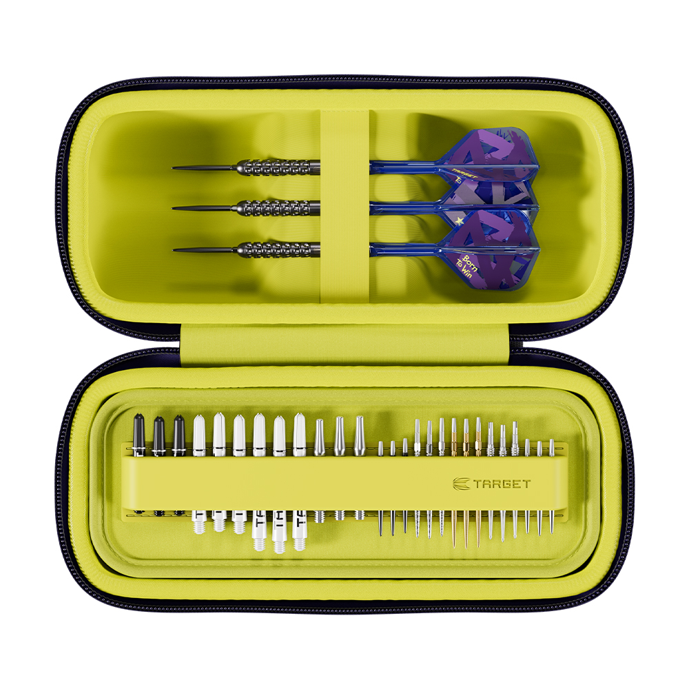 An open, dark blue zipped pouch with a yellow lining displays three assembled darts with silver shafts and blue flights featuring purple patterns. At the bottom: a yellow compartment containing dart tips and shafts; Target logo.