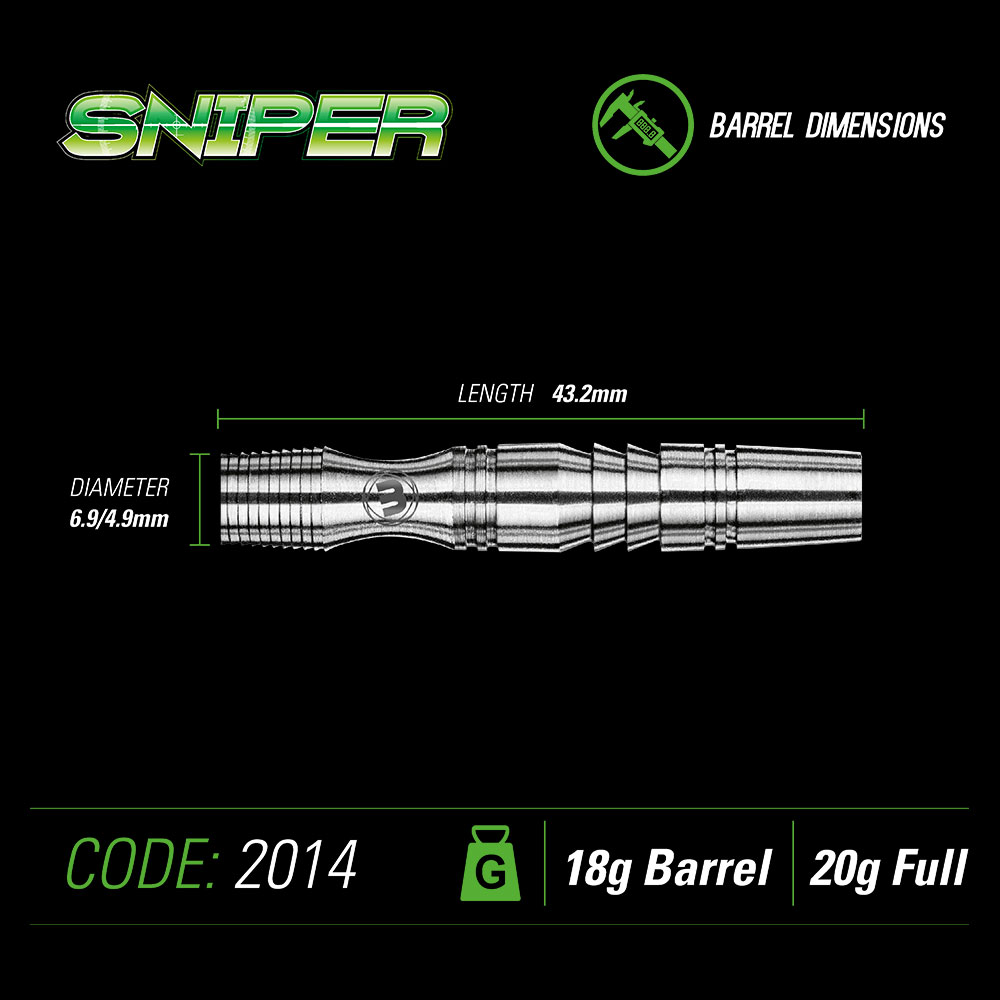 Winmau Barreaux de fléchettes souples Sniper avec surface argentée et profil rainuré précis pour une adhérence optimale. Représentés à l'horizontale, longueur 43,2 mm, diamètre 6,9/4,9 mm. Conception professionnelle : élégante et robuste.