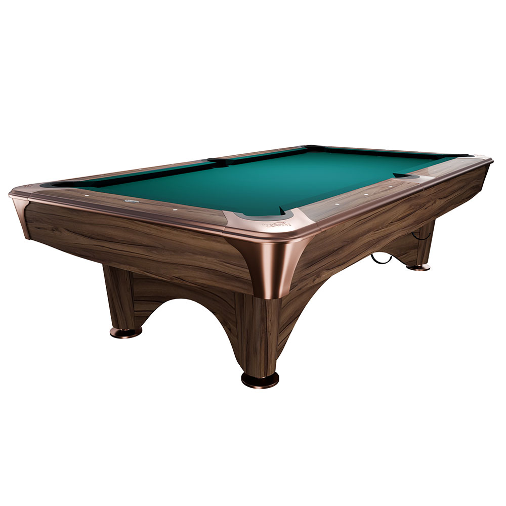 Dynamic IV elegant pool table with a modern brown wood veneer and a vibrant Simonis blue-green cloth. Shiny copper-coloured elements on the corners and rails give the 9ft table a modern look. Curved legs.