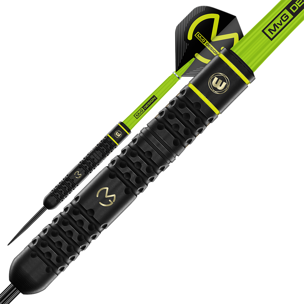 Two steel darts from Winmau Michael van Gerwen in black and neon green. Front: textured black brass barrel with gold MvG logos, neon green shaft with ‘MVG DESIGN’. Black flights with neon green accents.