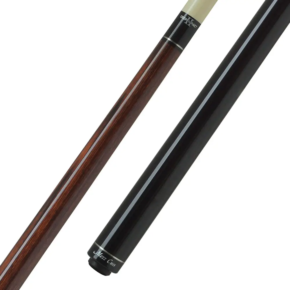 Mezz Break cue shown at an angle against a white background. Upper shaft made of glossy dark brown wood with a light-coloured tip. Lower grip in glossy black with the ‘Mezz Cue’ logo. Silver decorative rings, without grip tape.