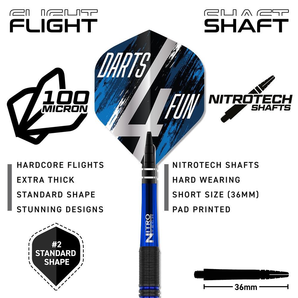 Nahaufnahme eines Darts4Fun-Foil-Flights in Blau/Schwarz/Silber mit "DARTS 4 FUN" Aufschrift, kombiniert mit blauem Nitro Tech-Shaft. Flight: 100 Mikron, robust, Standardform. Schaft: 36 mm, strapazierfähig, ideal für Red Dragon David Williams Darts.