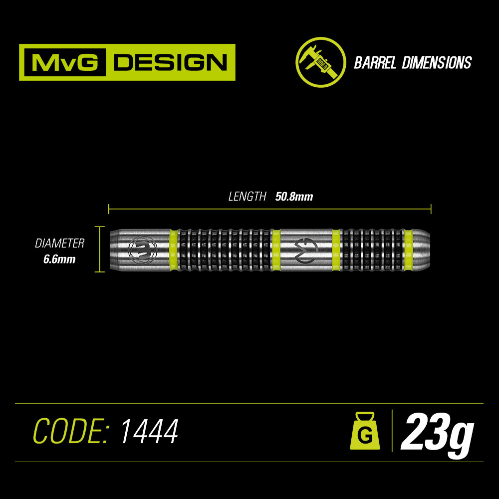 A silver and black dart barrel with neon yellow rings and a knurled grip pattern. It measures 50.8 mm in length and 6.6 mm in diameter. It weighs 23 g and features the MvG logo, with the product code 1444 on a black background.