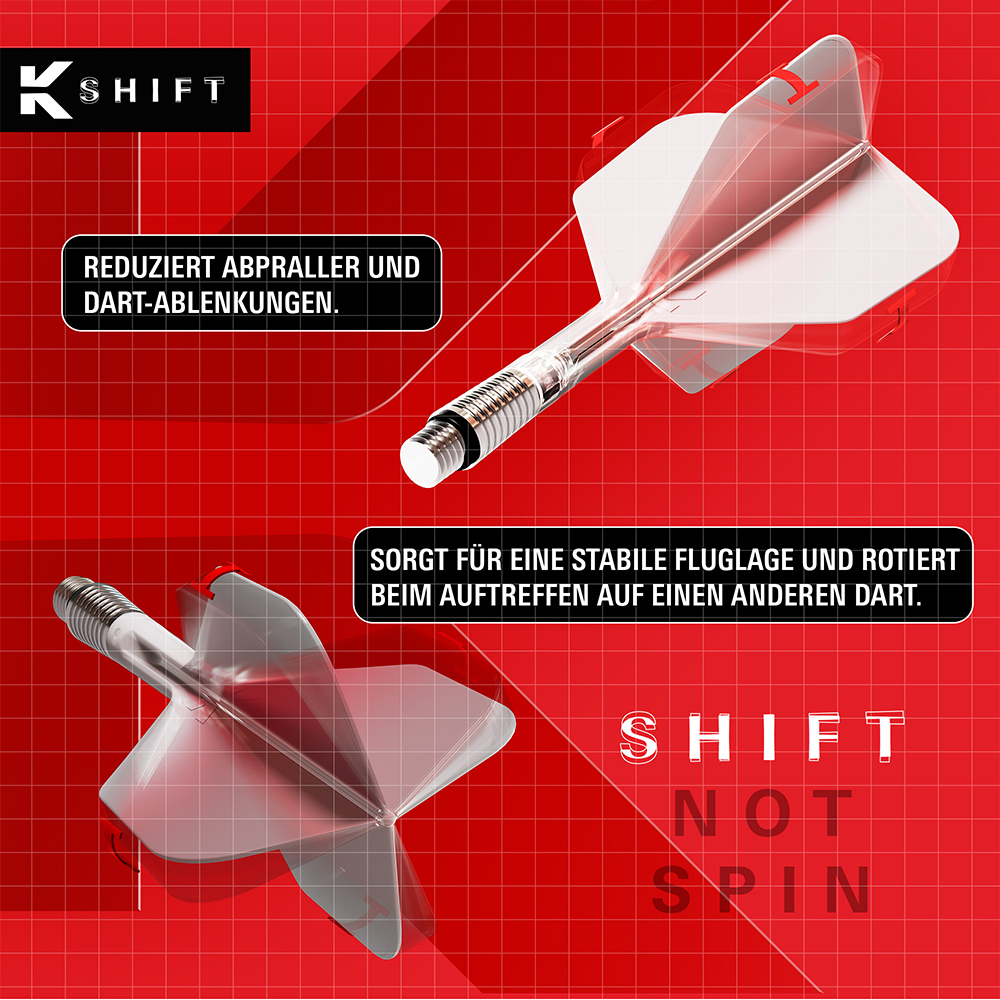 Detail of the K-Shift Flight/Shaft system for steel darts: it shifts upon contact with the dart, reducing ricochets and enabling tighter groupings. The translucency and spring suspension reveal the mechanism.