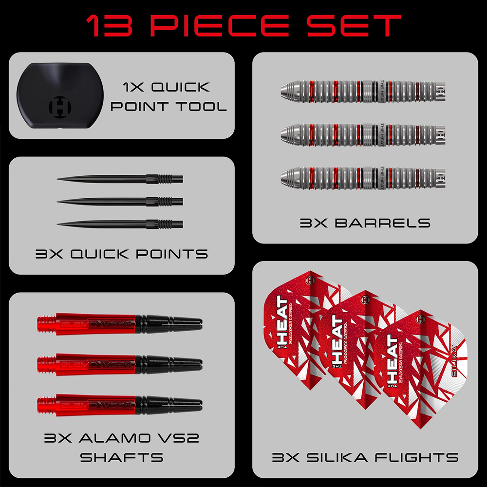 Harrows 13-piece steel dart set, Damon Heta Series 4: 3 silver 90% tungsten barrels with red ring cuts and ‘THE HEAT’ engraving, 3 red Alamo VS2 shafts, 3 red Silika flights, 3 black Quick Points + tool.