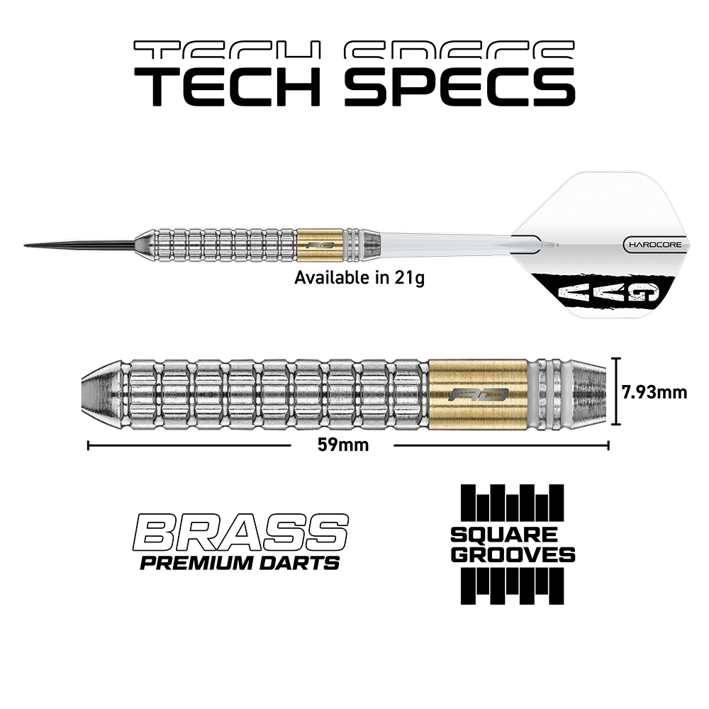 A Gian van Veen Brass steel dart from Red Dragon, with technical details. The brass barrel is 59 mm long, 7.93 mm in diameter and features a grip pattern of square grooves. Available in 21g.