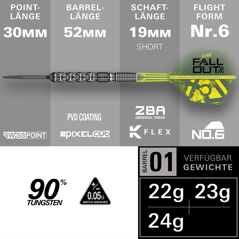 Target Fléchette en acier Luke Littler Fallout : pointe Swiss Point noire de 30 mm, corps de 52 mm composé à 90 % de tungstène, finition Pixelcut et PVD. Tige/plume K-Flex courte, jaune fluo, au design Nuke Fallout. Poids : 22 g, 23 g, 24 g.