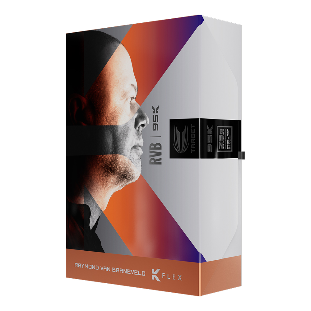 Boîte blanche fléchettes acier Target RVB 95K : portrait N&B de Raymond van Barneveld, touches orange/violet. Texte : « RVB | 95K », « Target », « K FLEX ». Étiquette : « 25 g STEEL TIP ».