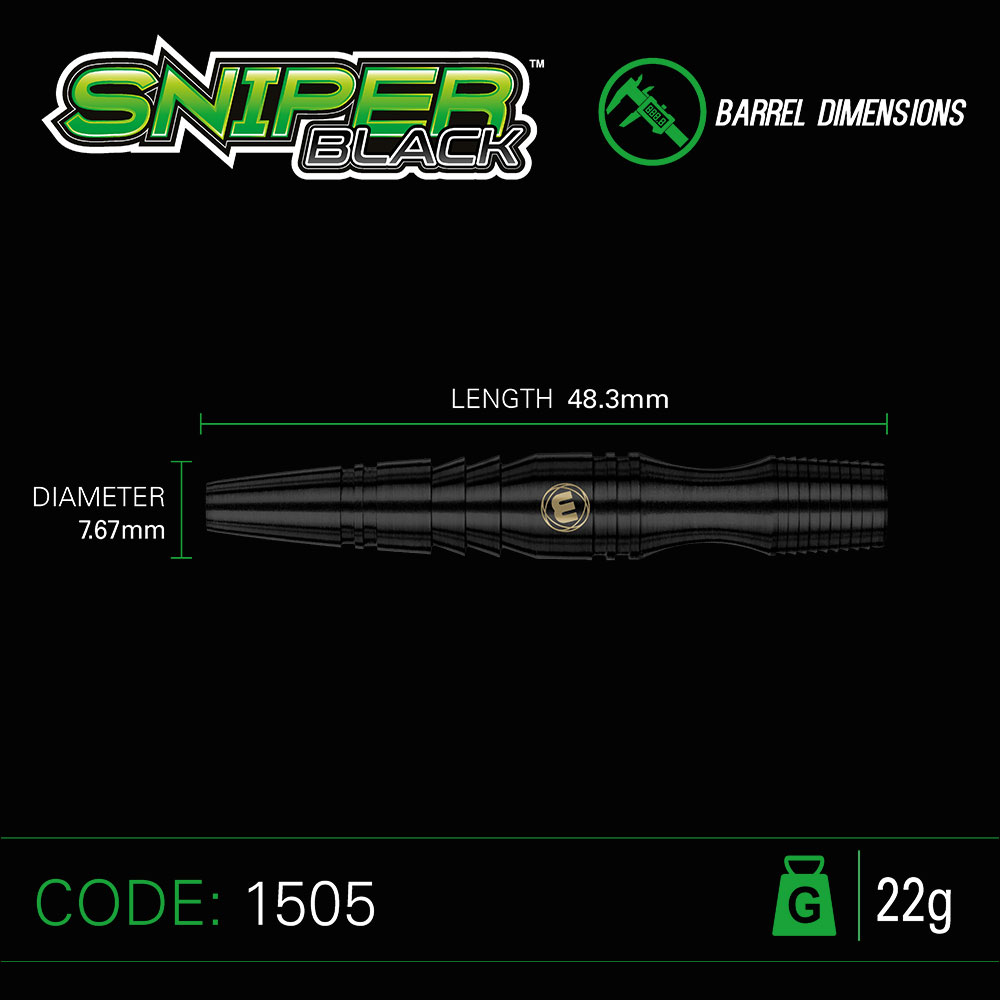 Schwarzmetallener Dartbarrel mit Maßen: Länge 48,3 mm, Durchmesser 7,67 mm. Griffiges, geriffeltes Muster. Mit Sniper Black-Logo sowie Produktinfos: Code 1505, Gewicht 22 g.
