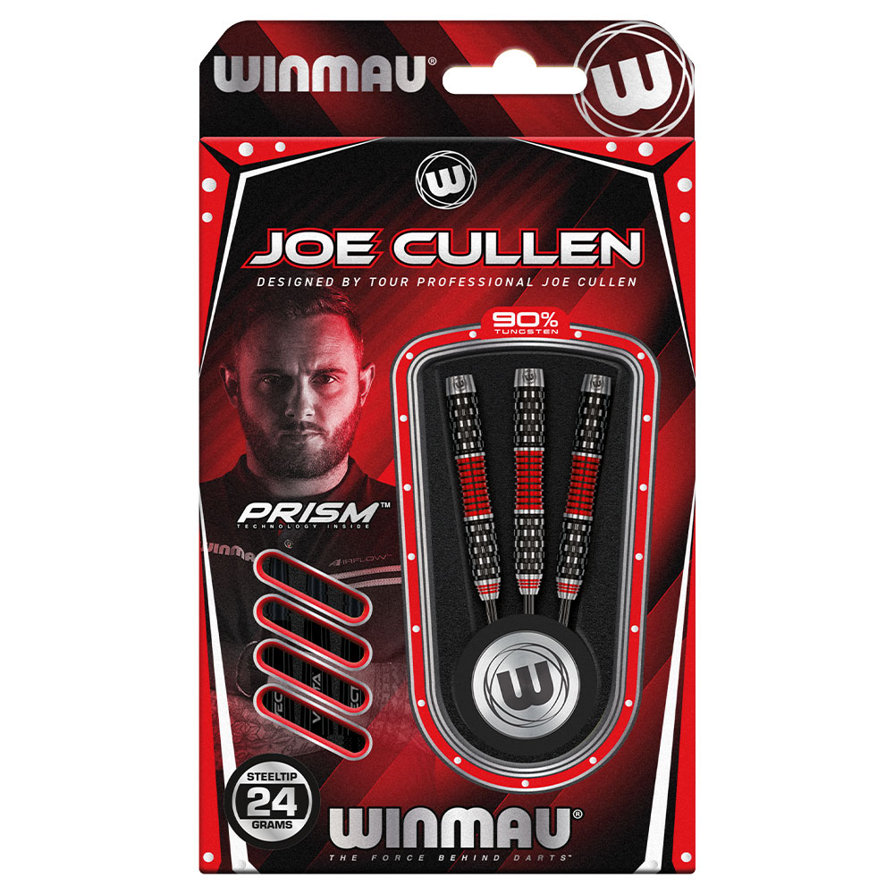 Rote-schwarze Verpackung der Winmau Joe Cullen Steeltip Darts, 24 g. Links Porträt von Joe Cullen, rechts drei schwarze Darts mit roten Akzenten und geriffelten Griffen in Halterung. Hinweis: 90% Tungsten, Winmau-Logo.
