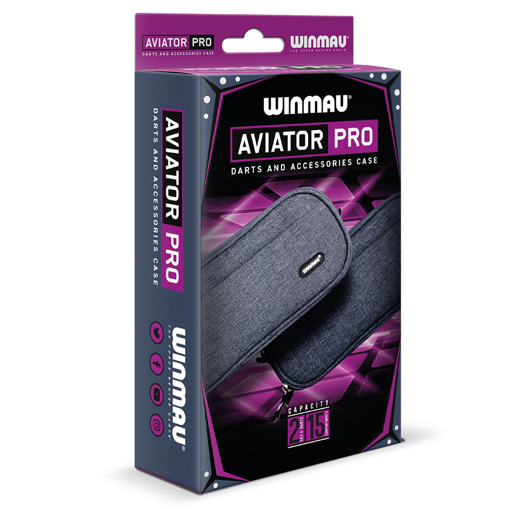 Boîte d'étui à fléchettes Aviator Pro Winmau, violet foncé et gris. Face avant : deux étuis en tissu gris robuste avec fermetures à glissière et logo Winmau. Contient 2 jeux de fléchettes + 15 compartiments.