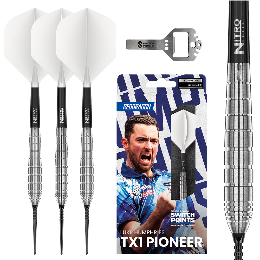 Set of three silver darts with white flights and black shafts. Next to them is a close-up of a dart barrel. On the right is the packaging featuring the jubilant darts player Luke Humphries, as well as a small metal tool for tips.