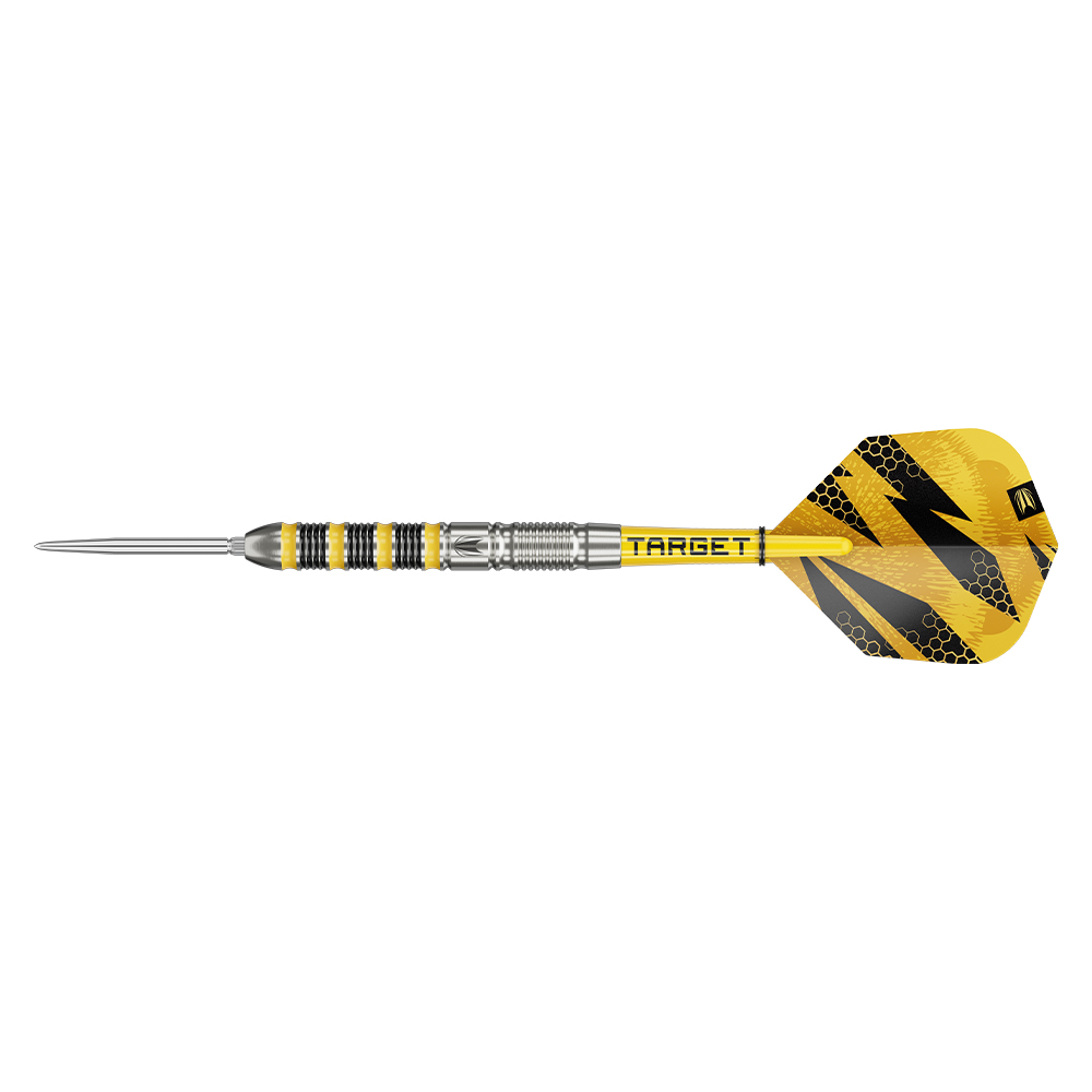 Gros plan sur une fléchette en acier BUZZ d'Target: pointe Swiss-Point argentée, corps précis en tungstène à 90 % avec zones d'adhérence argentées, noires et jaunes. Tige jaune, ailette BUZZ noire et jaune avec motif en nid d'abeille.