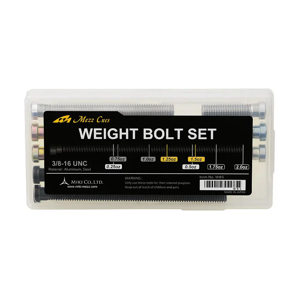 Klares Kunststoffgehäuse mit Mezz Weight-Bolt-Set: acht unterschiedlich lange Gewichte zur Anpassung eines Billard-Cues. Schwarze und metallfarbene Schrauben von 0,25 bis 2 Unzen beschriftet für präzise Gewichtsanpassung.