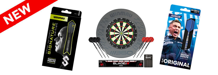 Drei neue Darts-Produkte: Schwarze Winmau Michael van Gerwen Darts-Packung. Winmau Dartboard-Set mit sechs Darts und Blade 6 Zubehör. Blaue Red Dragon Darts-Packung mit Spieler. Rotes "NEW"-Banner.