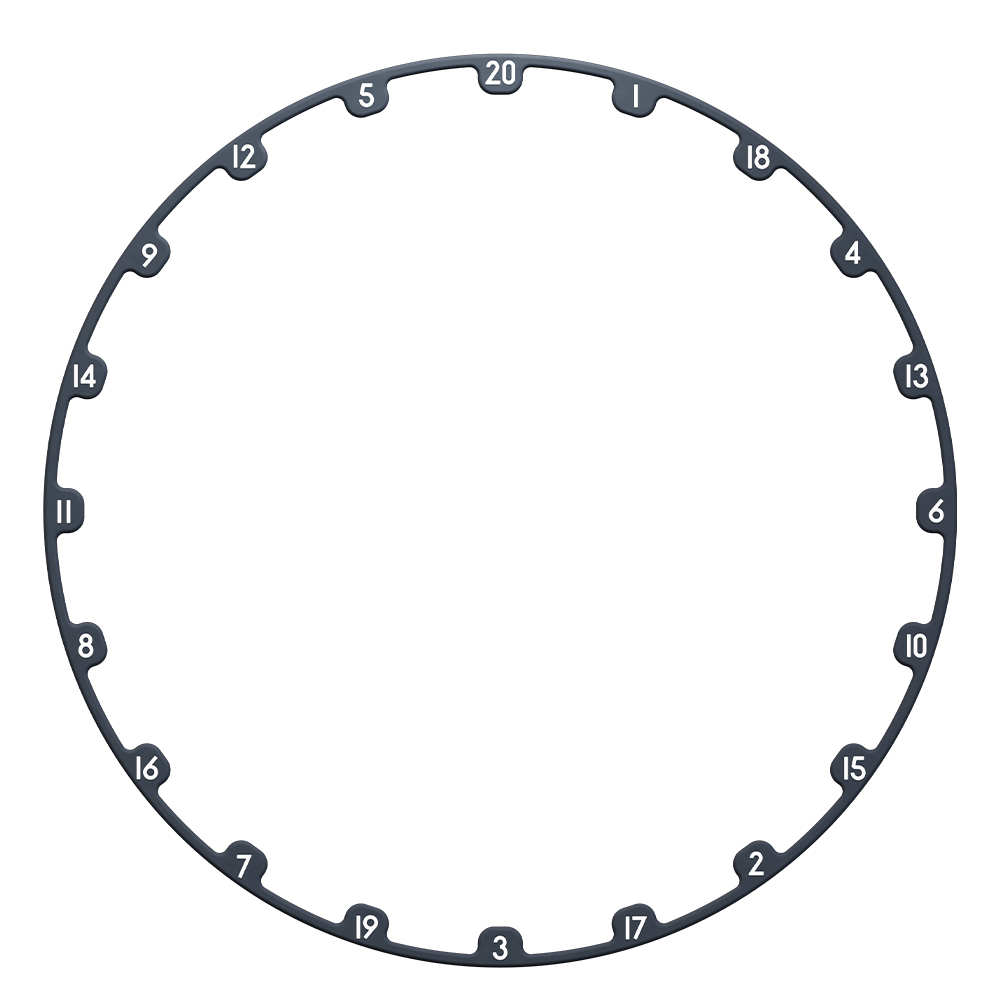 Anneau de chiffres circulaire gris foncé pour une cible de fléchettes. Les chiffres blancs de 1 à 20 sont répartis de manière régulière dans des segments en relief. Anneau 2XRING spécial pour TOR EVO, pivotant pour une durée de vie prolongée.