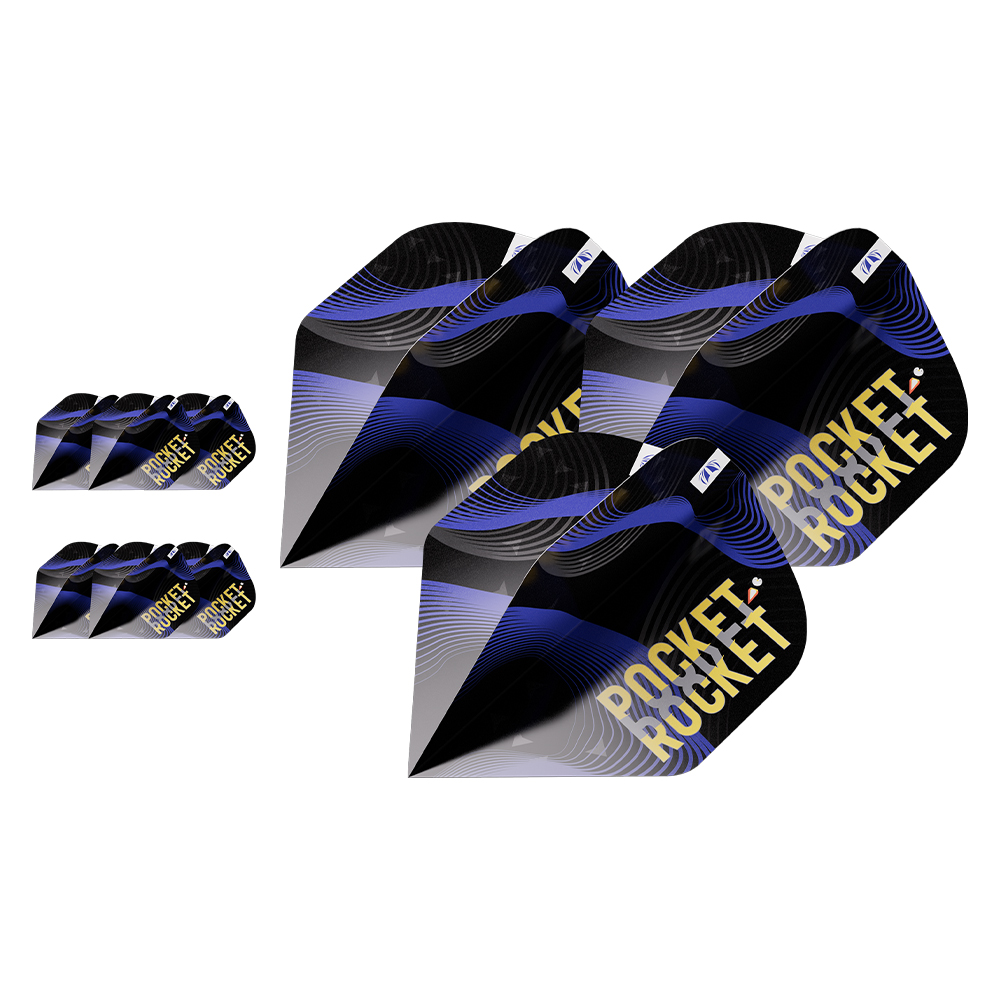 Nine Justin Hood Pro Ultra dart flights in No. 2 shape with a black background. Design featuring dynamic blue and grey wavy lines, yellow ‘POCKET ROCKET’ lettering and a stylised penguin mascot. Brand logo visible.