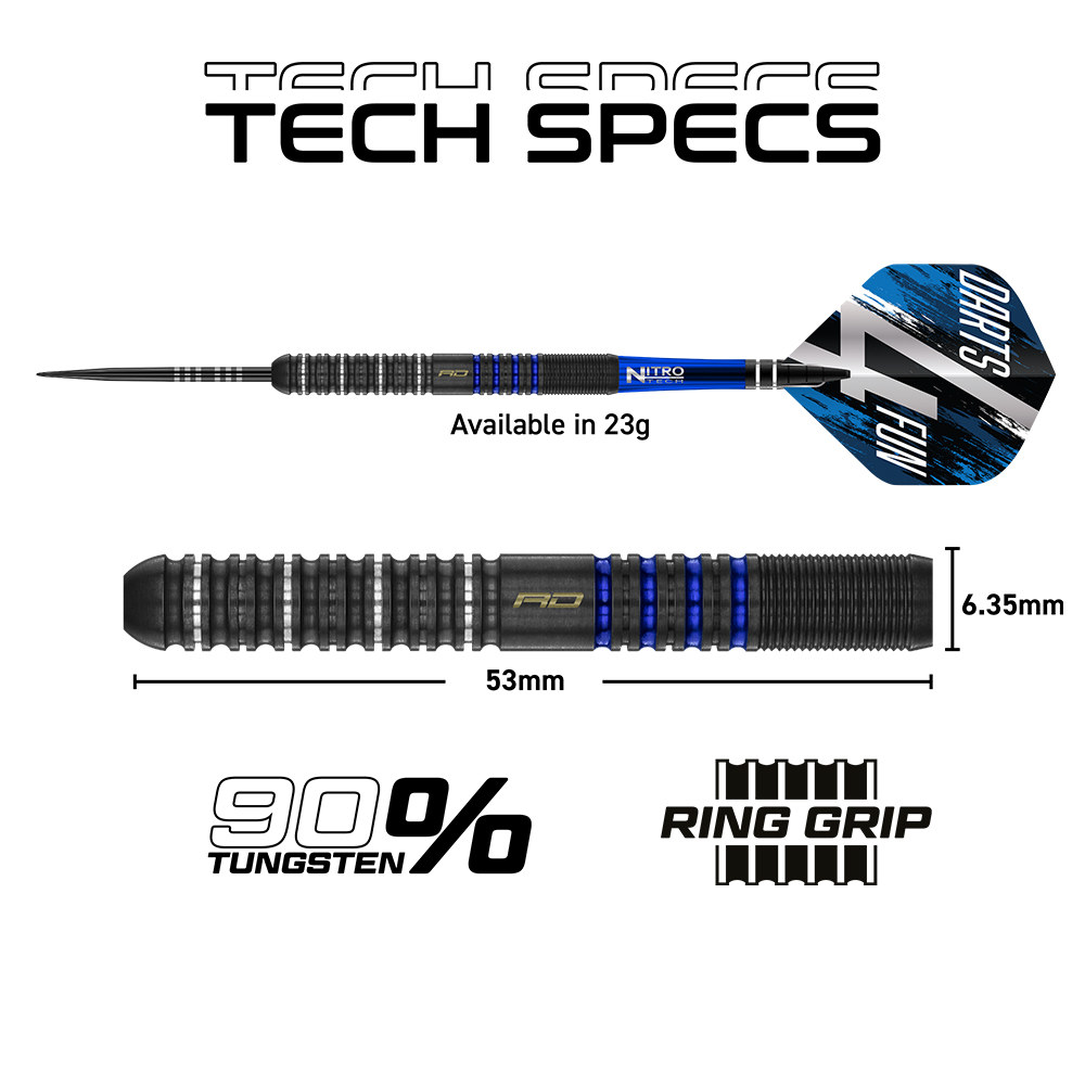 Red Dragon Steeldart David Williams V1 mit Gunmetal-Barrel und blauen Details. Ring-Grip, 53 mm lang, Ø 6,35 mm, 23 g. 90% Wolfram, Nitro Tech Shaft und Darts4Fun Flight in Blau-Schwarz.