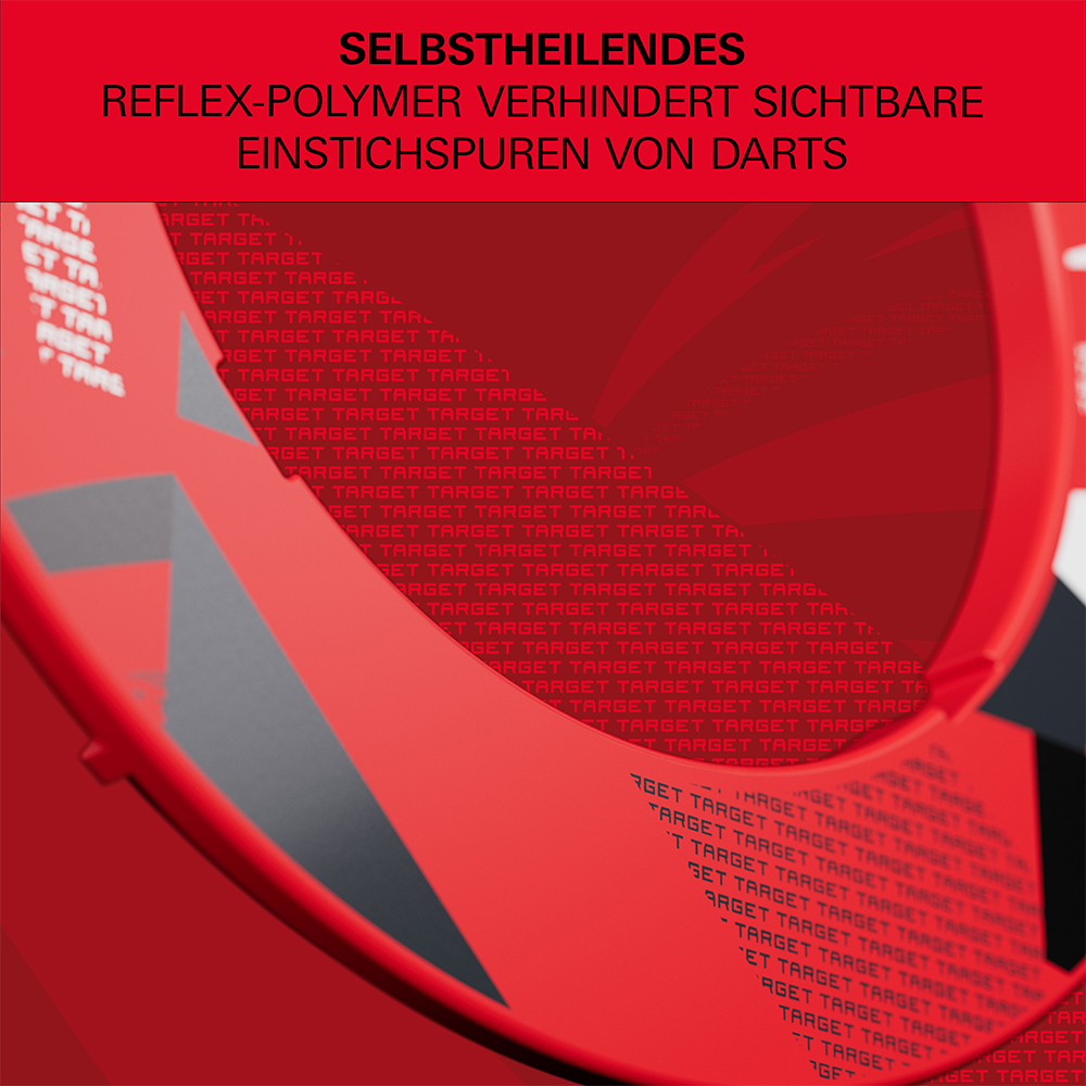 Anneau de réception rouge rainuré pour cible de fléchettes, en polymère Reflex auto-réparateur, limitant les traces visibles laissées par les fléchettes. Motif répété «Target » rouge foncé pour une texture discrète.