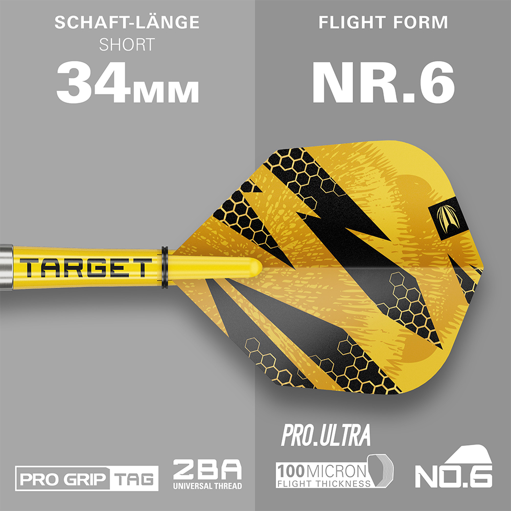 Vue détaillée d'une tige Softdart jaune et noire avec ailette. Tige jaune de 34 mm avec logo Target noir. Plumet PRO.ULTRA n° 6 (100 microns) au design en nid d'abeille et dentelé inspiré des abeilles ; tige PRO GRIP TAG.