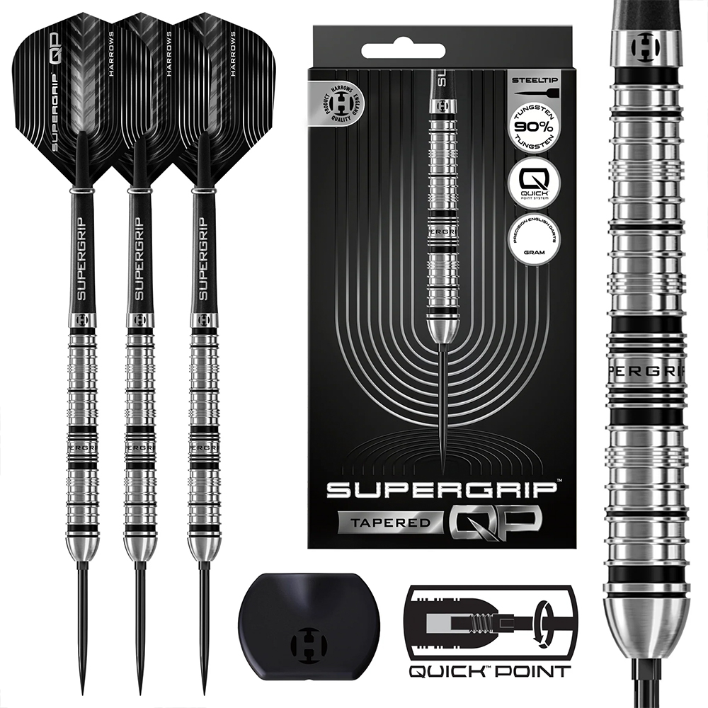 Three Harrows Supergrip QP steel darts with silver, ribbed 90% tungsten barrels and black Supergrip flights. Precisely milled rings provide maximum grip. Black packaging and a QP chart for tip adjustment.