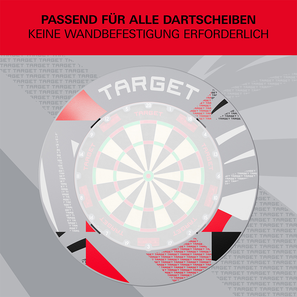 Un Catchring gris orné du logo « Target » et d'un motif géométrique moderne rouge et noir entoure la cible. Protège le mur, s'adapte à toutes les cibles sans fixation supplémentaire. Robuste, avec de légères encoches.