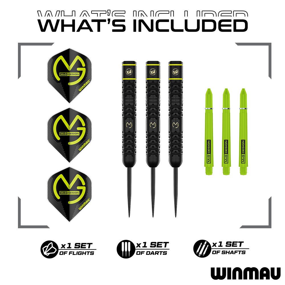 Overview of the steel-tip darts included: three black dart flights with a yellow MVG logo, three black steel-tip darts with gold accents and a textured finish, and three bright green dart shafts in the MVG design.