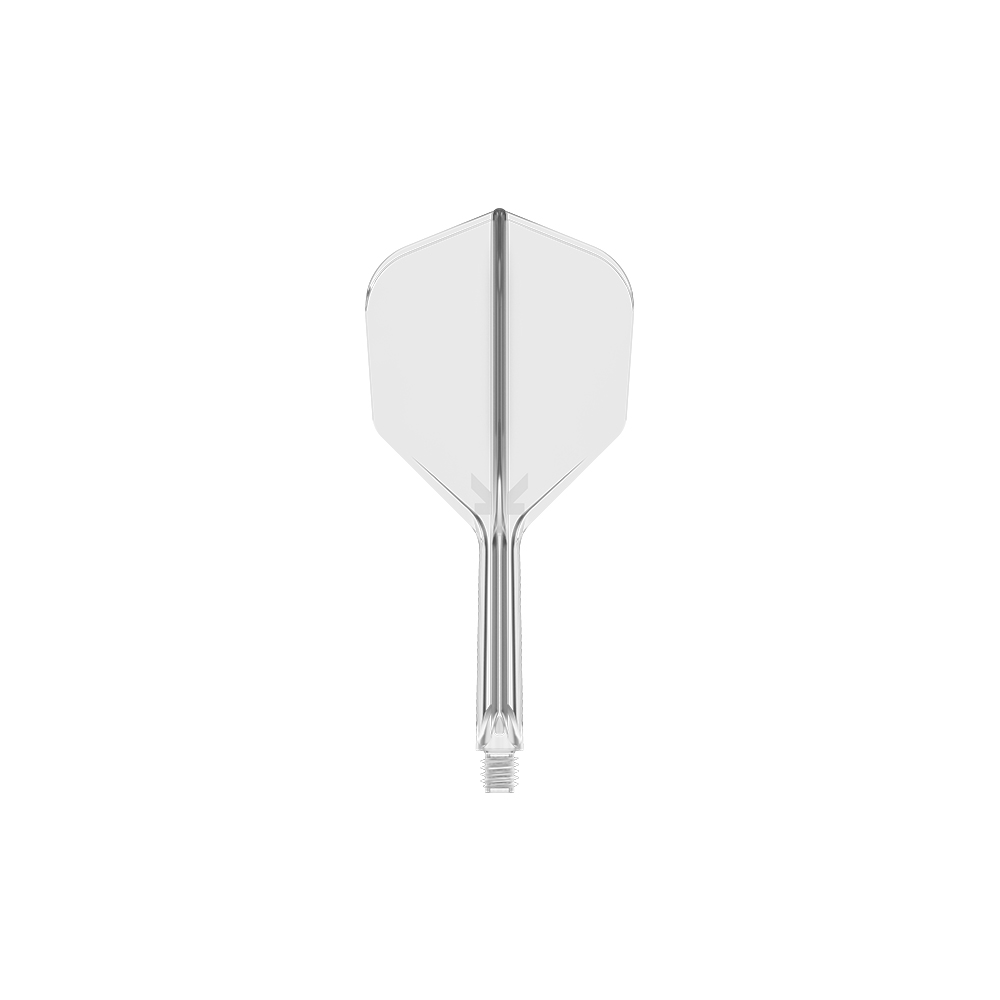 Une ailette de fléchette transparente de type K-Flex avec tige intégrée sur fond blanc. La partie supérieure large et arrondie s'effile en une tige fine dotée d'un embout fileté. Transparente, avec de fins détails de texture et des marquages discrets.