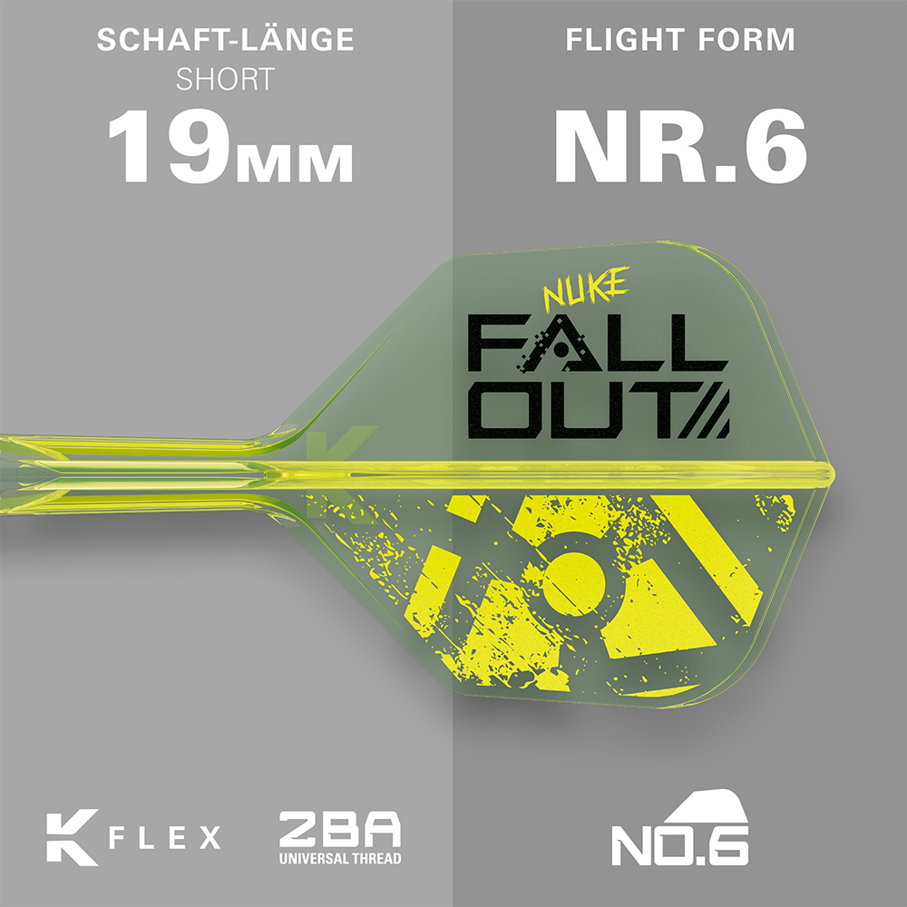 Tige de fléchette souple K-Flex jaune fluo avec un flight transparent vert-jaune. Impression noire « NUKE FALLOUT », graphismes jaunes. Caractéristiques techniques : SHORT 19 mm, flight n° 6, filetage universel ZBA.