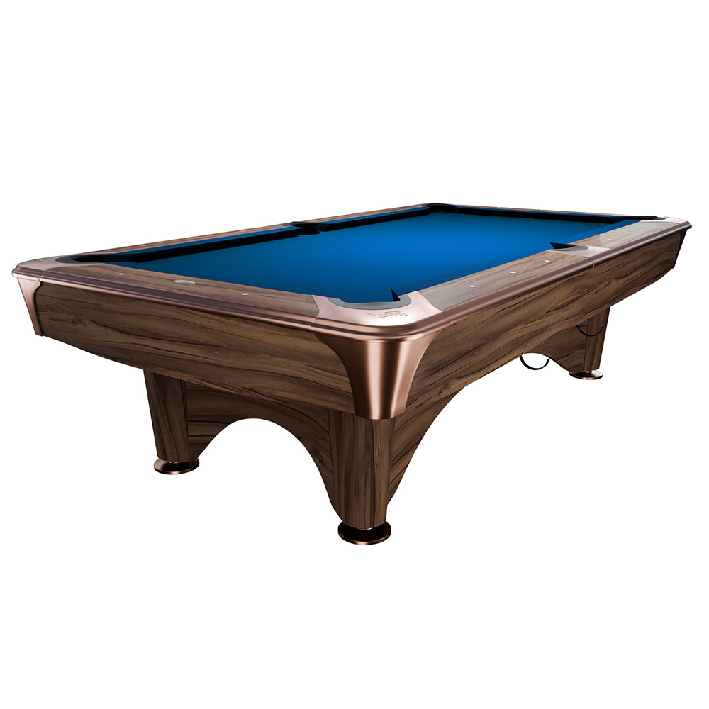 Dynamic IV modern pool table: Frame in a modern brown wood finish with visible grain. Playing surface with a vibrant Simonis Royalblue cloth. Bronze-coloured metal fittings, 9ft, sturdy curved legs.