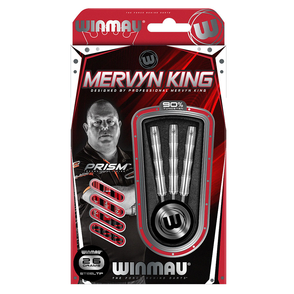 Verpackung der Winmau Mervyn King Steeldarts. Links ist Mervyn King abgebildet, rechts drei silberne 90% Wolfram Steeldart-Barrels im Sichtfenster. Rot-schwarz mit Angaben wie "26 Grams Steeltip" und Winmau Logo.