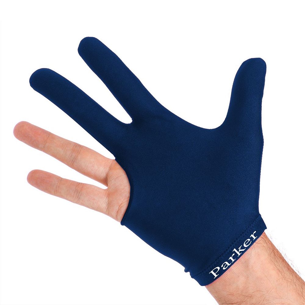 A right hand is wearing a dark blue, three-fingered billiards glove. It covers the index, middle and ring fingers; the thumb and little finger remain exposed. 'Parker' is written in white on the wrist. White background.