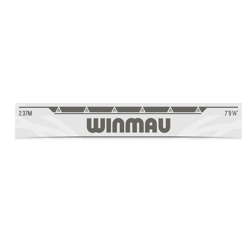 White, self-adhesive ‘ Winmau ’ throw line for darts. Features grey markings including ‘2.37M’ and ‘7'9 ¼''’, as well as triangles to aid alignment. Central ‘Winmau’ lettering in dark grey, ideal for precise foot placement.