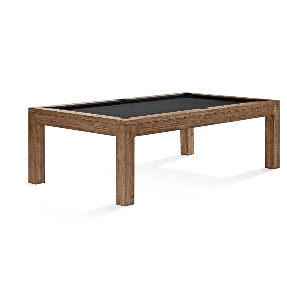Modern Brunswick Sanibel pool table in rustic dark brown with black cloth. 8ft table with a minimalist aesthetic, clean lines and flush-mounted pockets. The natural wood grain is clearly visible.