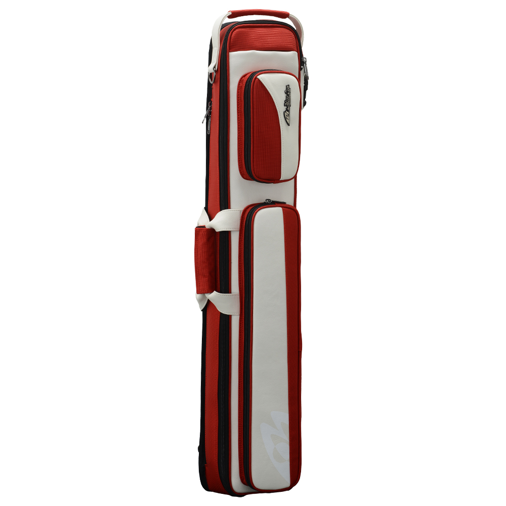 Housse pour queue de billard « Mezz » format portrait, rayée rouge/blanc (édition limitée « Red & White »). Bandes verticales, fermetures éclair et coutures noires. 2 poches accessoires : grande en haut, étroite en bas. Pour queues type « 3/5 ».