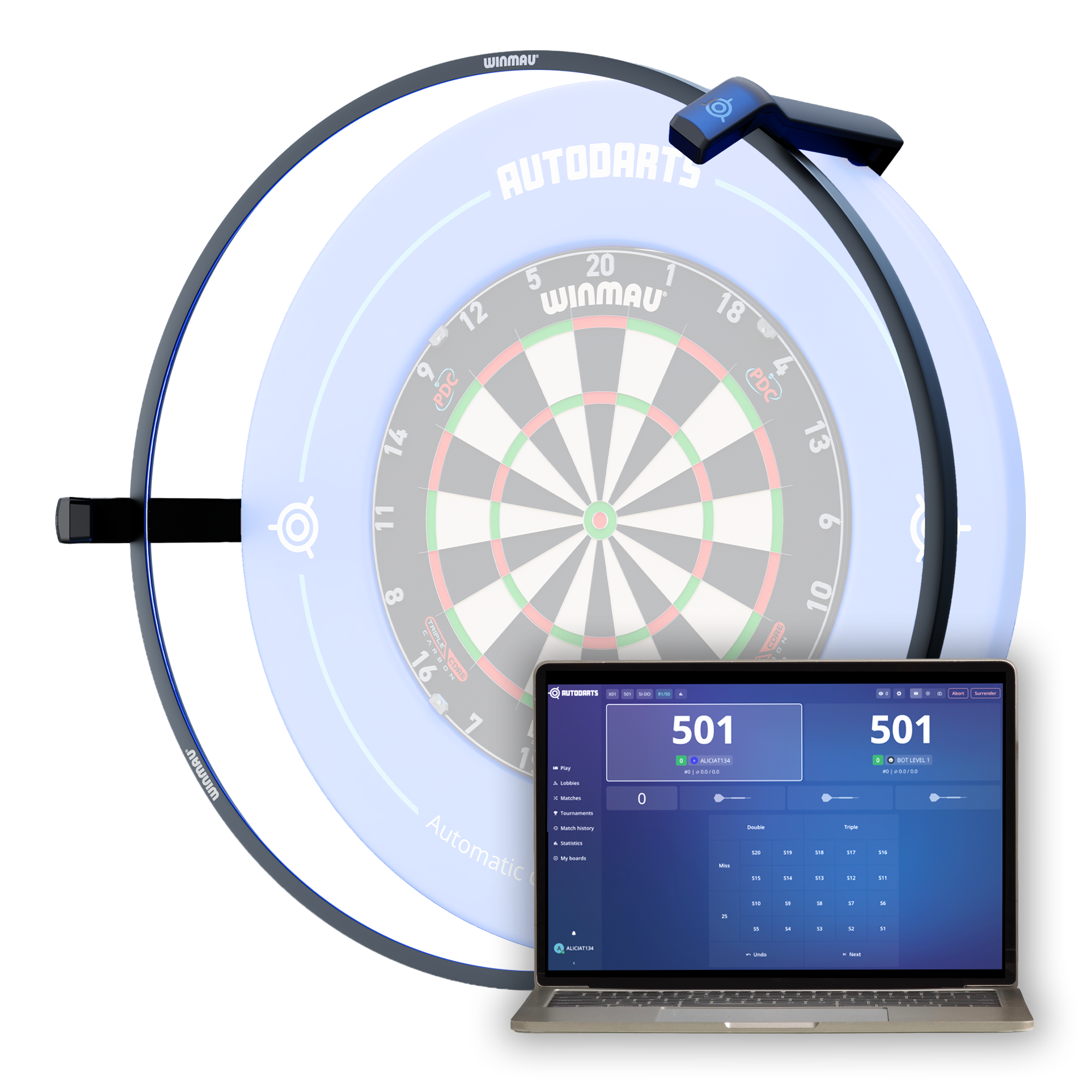 Cible Winmau avec système de comptage automatique « Autodarts Vantage » (3 caméras pour détecter les touches), bleue et annulaire. En dessous, un PC portable avec le logiciel « Autodarts » affichant résultats et stats.