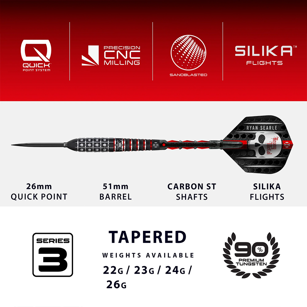 Harrows Ryan Searle Series 3 steel darts, horizontal. 26mm Quick Point tip, 51mm black and red barrel with skull CNC engraving, sandblasted finish, Carbon ST shafts, silica flights. Tapered shape, weights 22–26g, 90% tungsten.