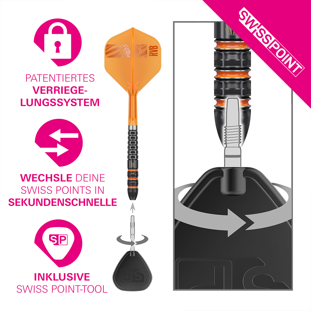 Fléchette en acier « Target » démontable : ailette orange avec logo RVB, corps noir et orange avec rainures et prise striée. La pointe argentée se visse à l'aide de l'outil Swiss Point noir. Système breveté permettant un changement rapide de pointe.