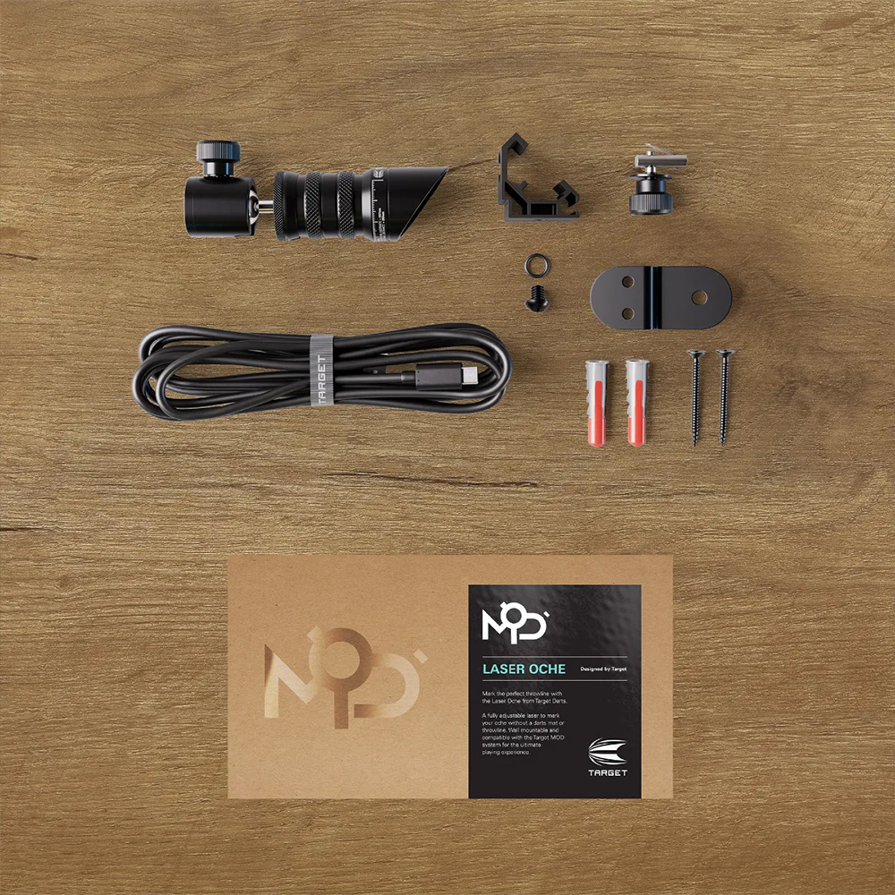 Contenu du pack Laser Oche « Target » sur bois : appareil laser noir avec support réglable, câble USB enroulé avec bande de marque, fixations murales noires, vis, chevilles et emballage marron portant la mention « Laser Oche ».