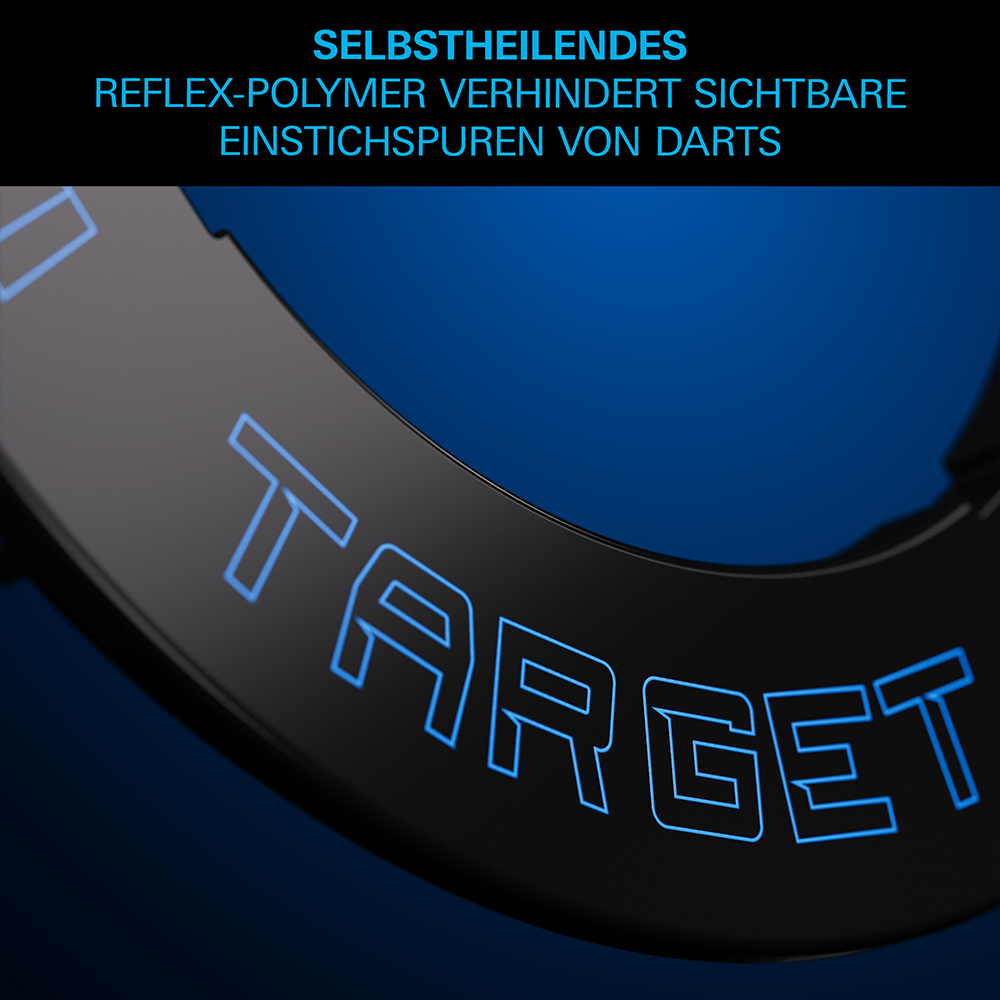Gros plan sur l’anneau de retenue « Target » Corona Vision noir, avec logo «Target» bleu. Le polymère réfléchissant auto-réparateur évite les traces de perforations visibles et assure un aspect durable haut de gamme. Lumière bleue discrète.