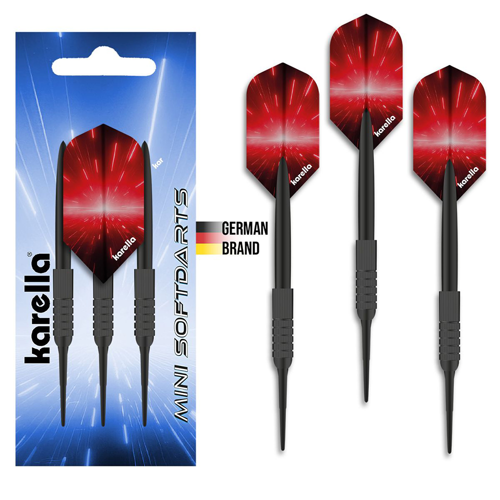 Pack containing two black ‘ Karella ’ Mini Softdarts and three individual darts. Darts with ribbed black barrels and red flights featuring a bright, radiant design. Printing: ‘Karella ’, ‘Mini Softdarts’, ‘German Brand’ banner.