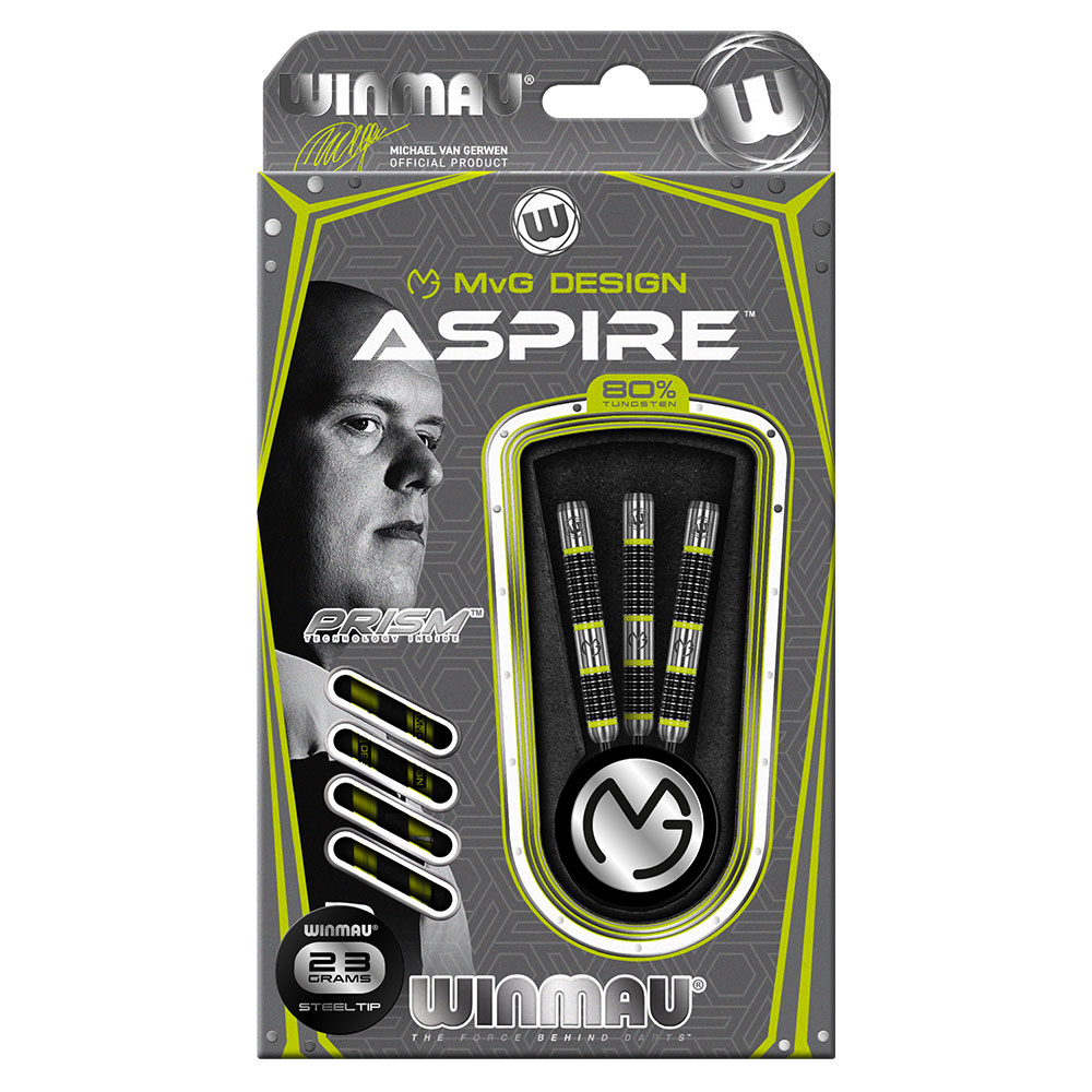 Retail packaging for Winmau MVG Design Aspire 23g steel-tip darts. In grey, black and lime green with a black-and-white portrait of Michael van Gerwen. Shown: three darts with black shafts, yellow-green stripes, 80% tungsten.