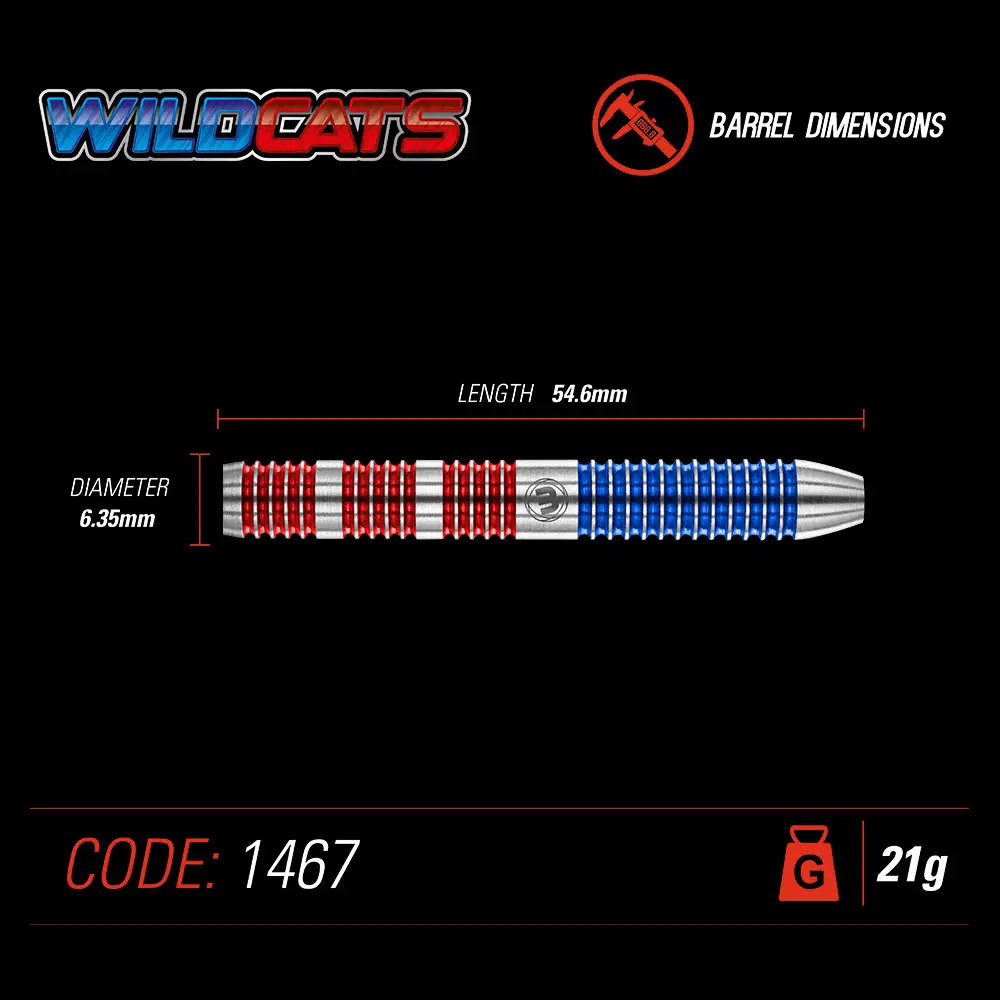 Horizontale Ansicht eines zweifarbigen Winmau Steeldart-Barrels mit gerillten roten/blauen Abschnitten und silberner Spitze für optimalen Grip. Maße: Länge 54,6 mm, Ø 6,35 mm. Modell Wildcats 1467, Barrelgewicht 21g.